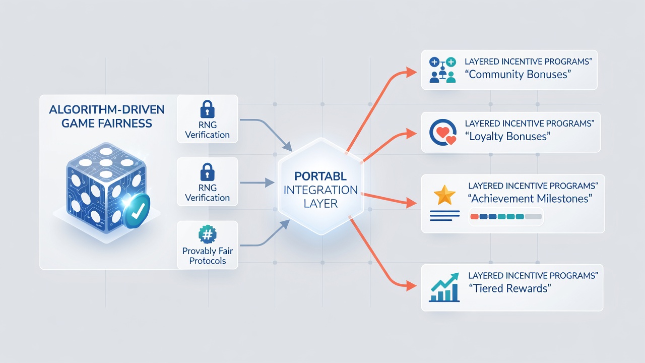 Illustration of interconnected mobile app layers showing RNG modules linked to reward progression dashboards