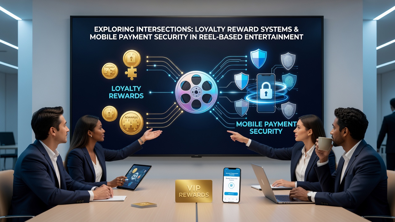 Secure mobile transaction flow in a reel-based entertainment app highlighting encryption and loyalty point verification