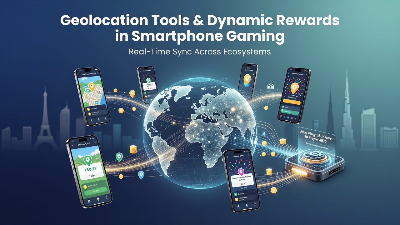 Geolocation tools integrating with mobile gaming reward systems on smartphone screens