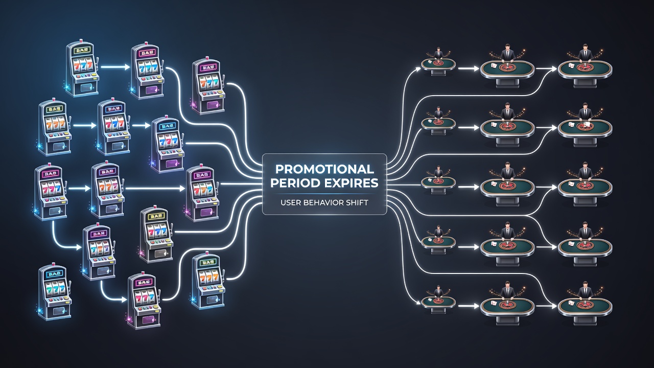 Players transitioning between slot machines and live dealer tables on mobile gaming apps after bonus offers end