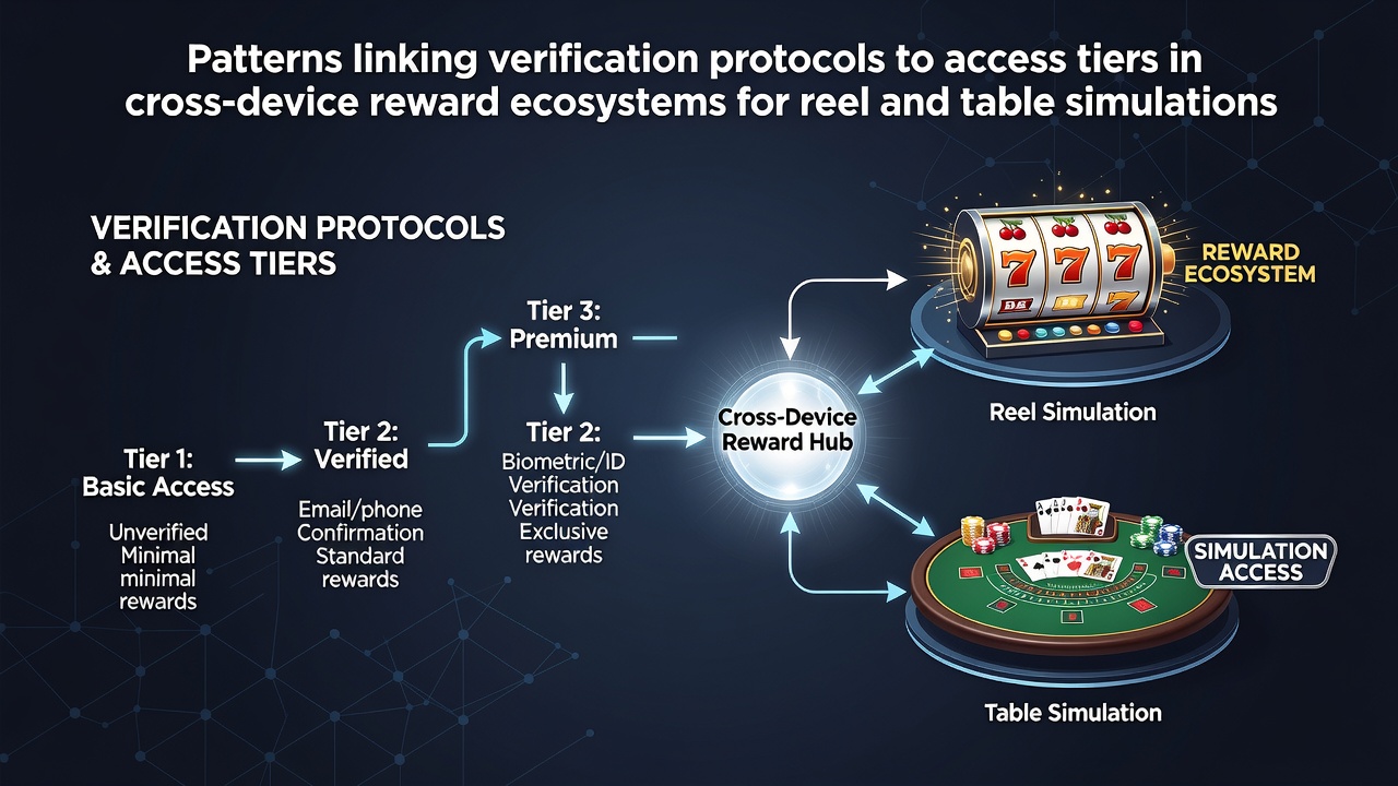 Cross-device verification and reward tier integration diagram for reel and table game platforms