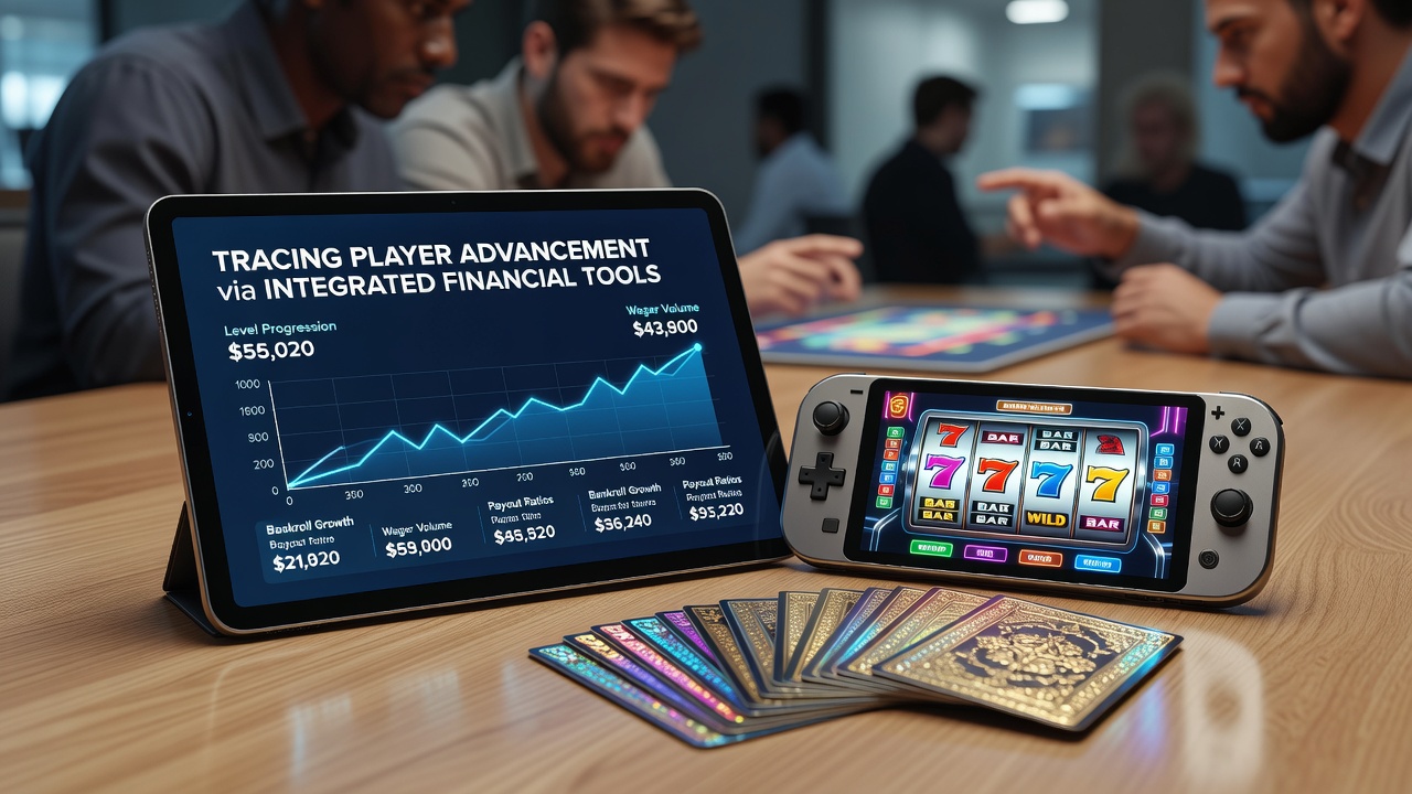 Player advancement dashboard on a tablet showing tier levels connected to mobile payment history