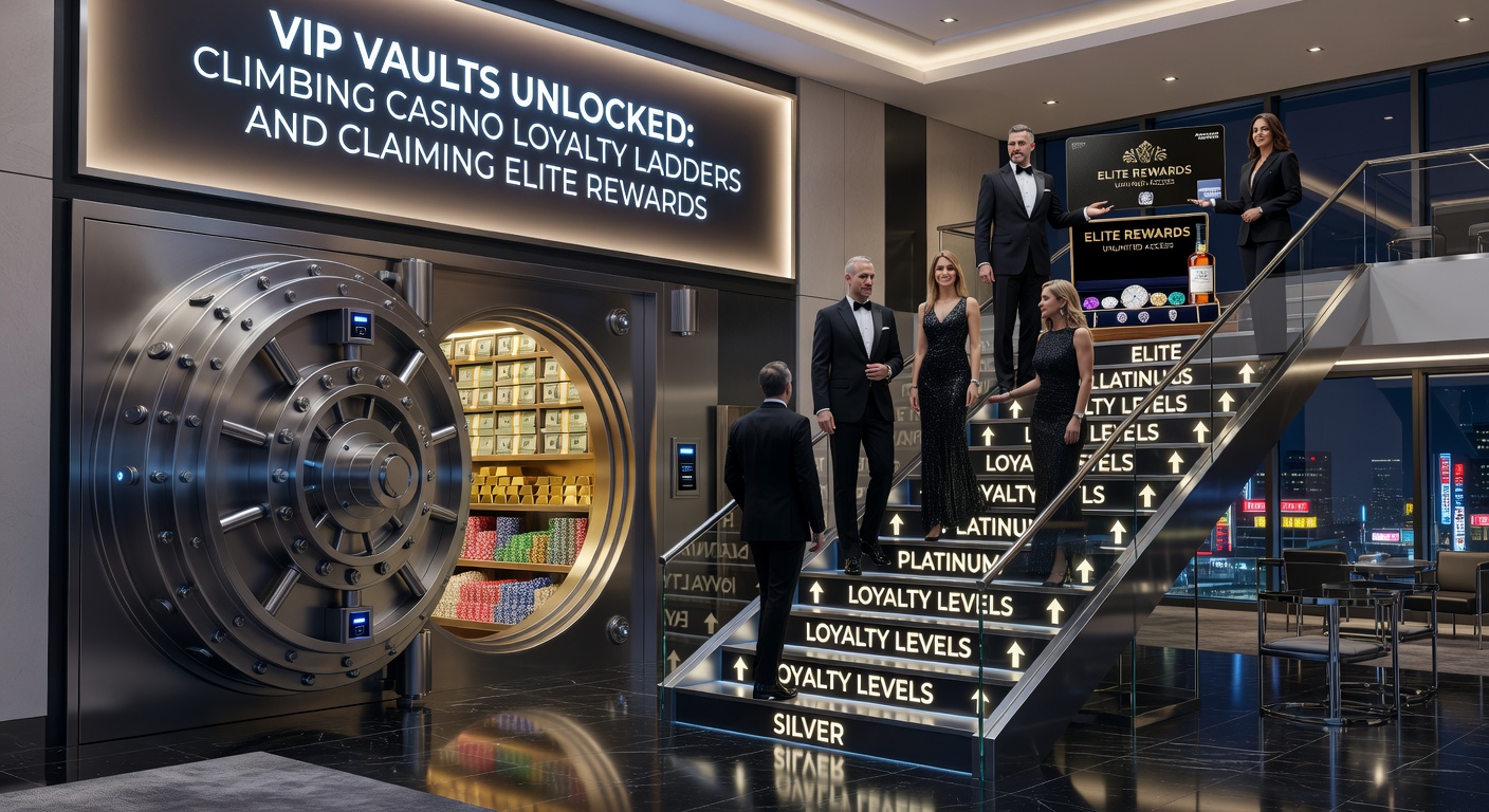 High-roller climbing a glowing loyalty ladder in a neon-lit casino, surrounded by cascading coins and trophy icons representing elite tier achievements